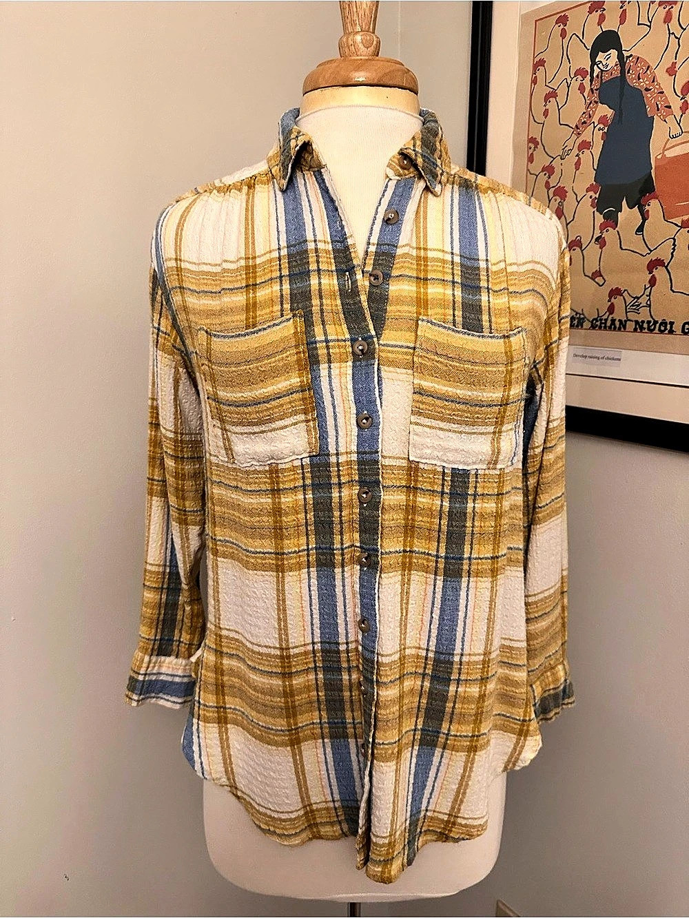 Pilcro Hadley Relaxed Plaid Button Down in Yellow & Blue XXS Petite